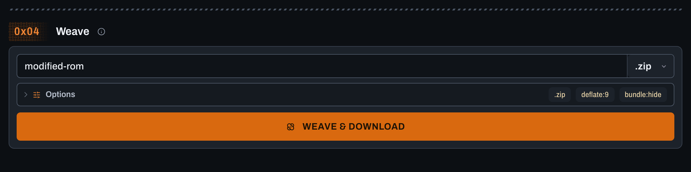 Cropped Weave output card with filename, format, options, and WEAVE AND DOWNLOAD button in the dark theme