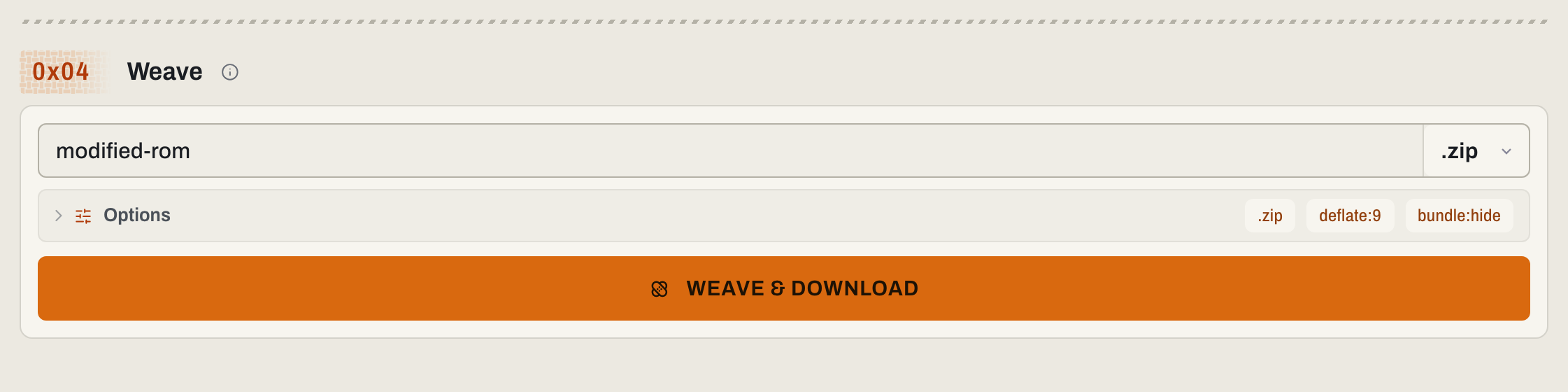 Cropped Weave output card with filename, format, options, and WEAVE AND DOWNLOAD button in the light theme