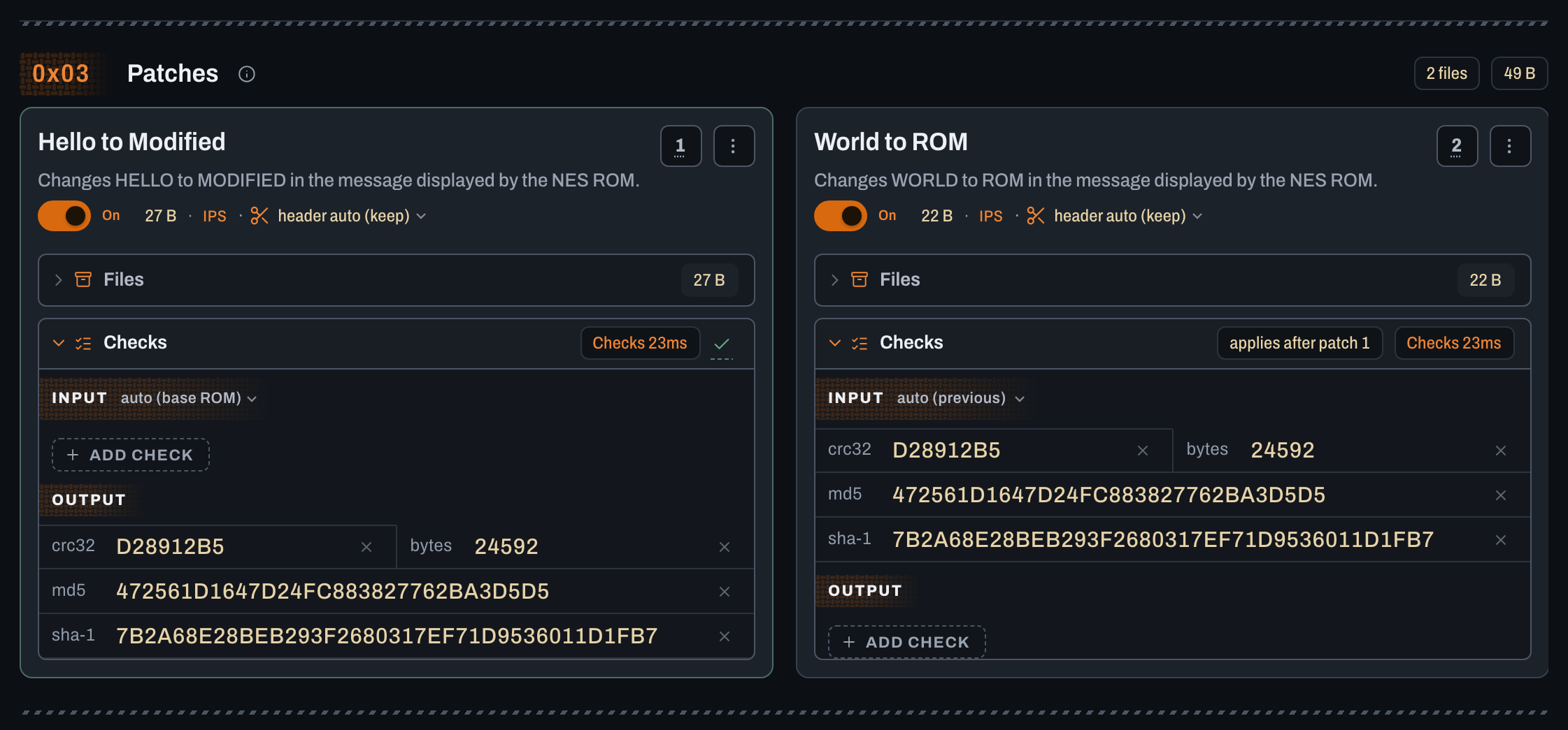 Cropped Weave patch stack with two ordered practice patches in the dark theme