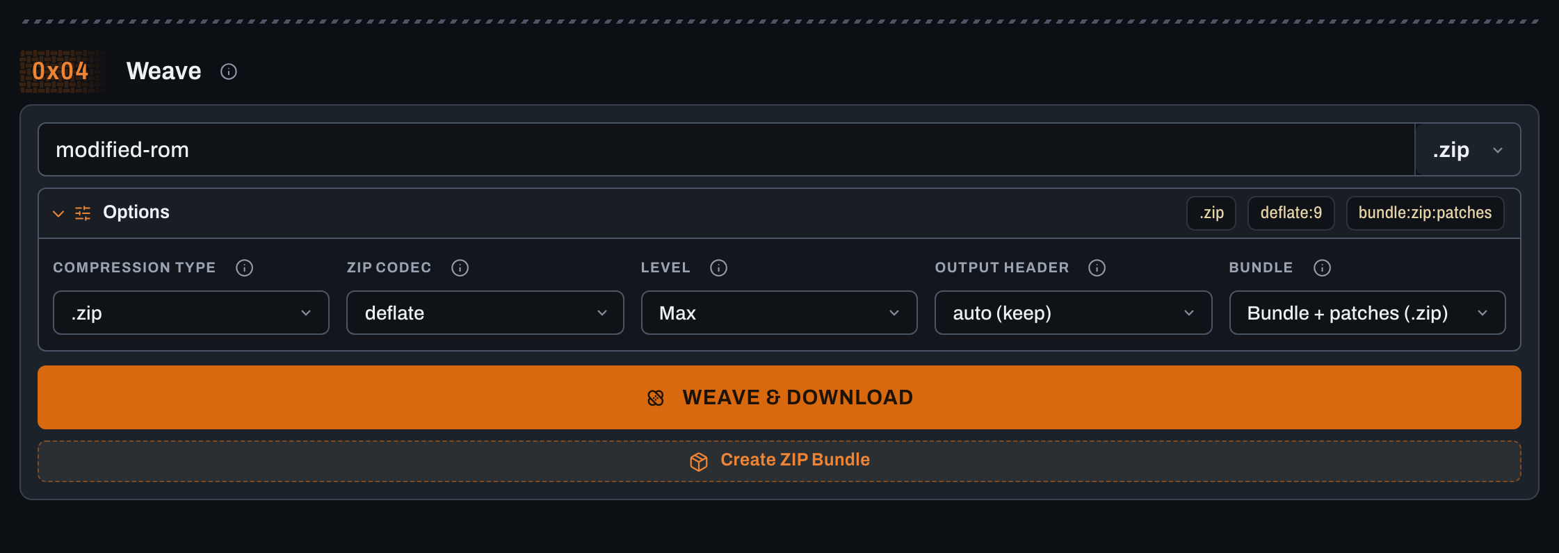 Cropped Weave output card with Bundle plus patches ZIP selected and the Create ZIP Bundle control in the dark theme