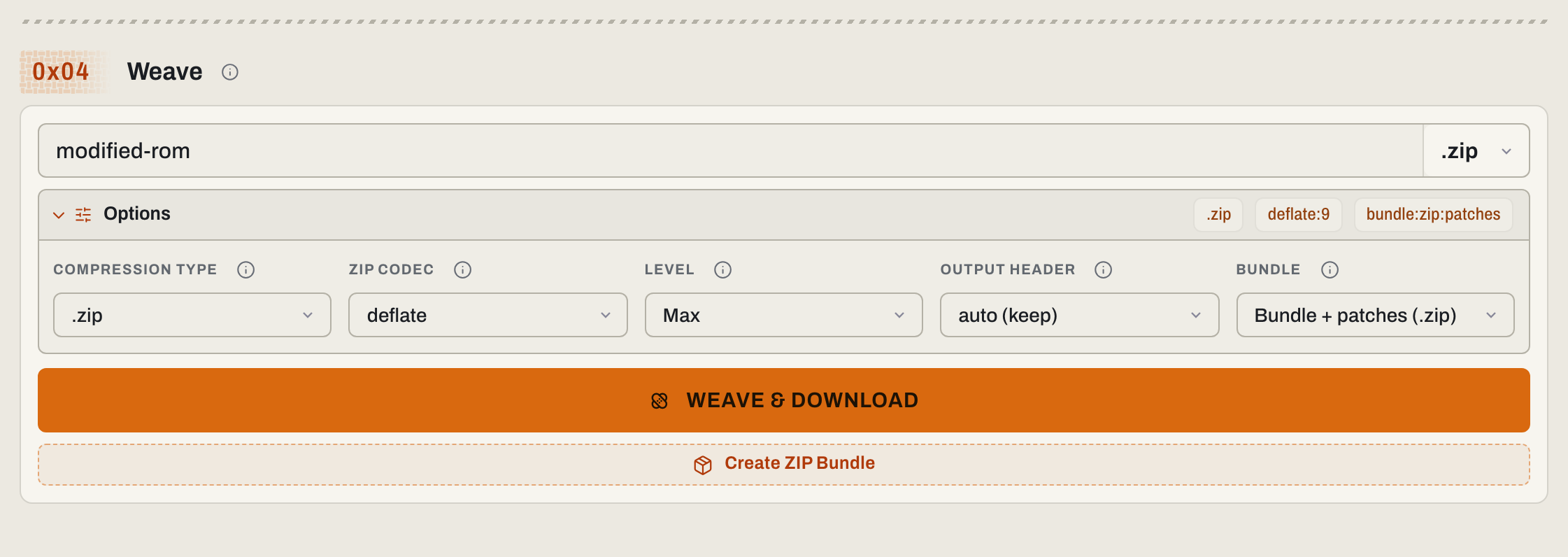 Cropped Weave output card with Bundle plus patches ZIP selected and the Create ZIP Bundle control in the light theme