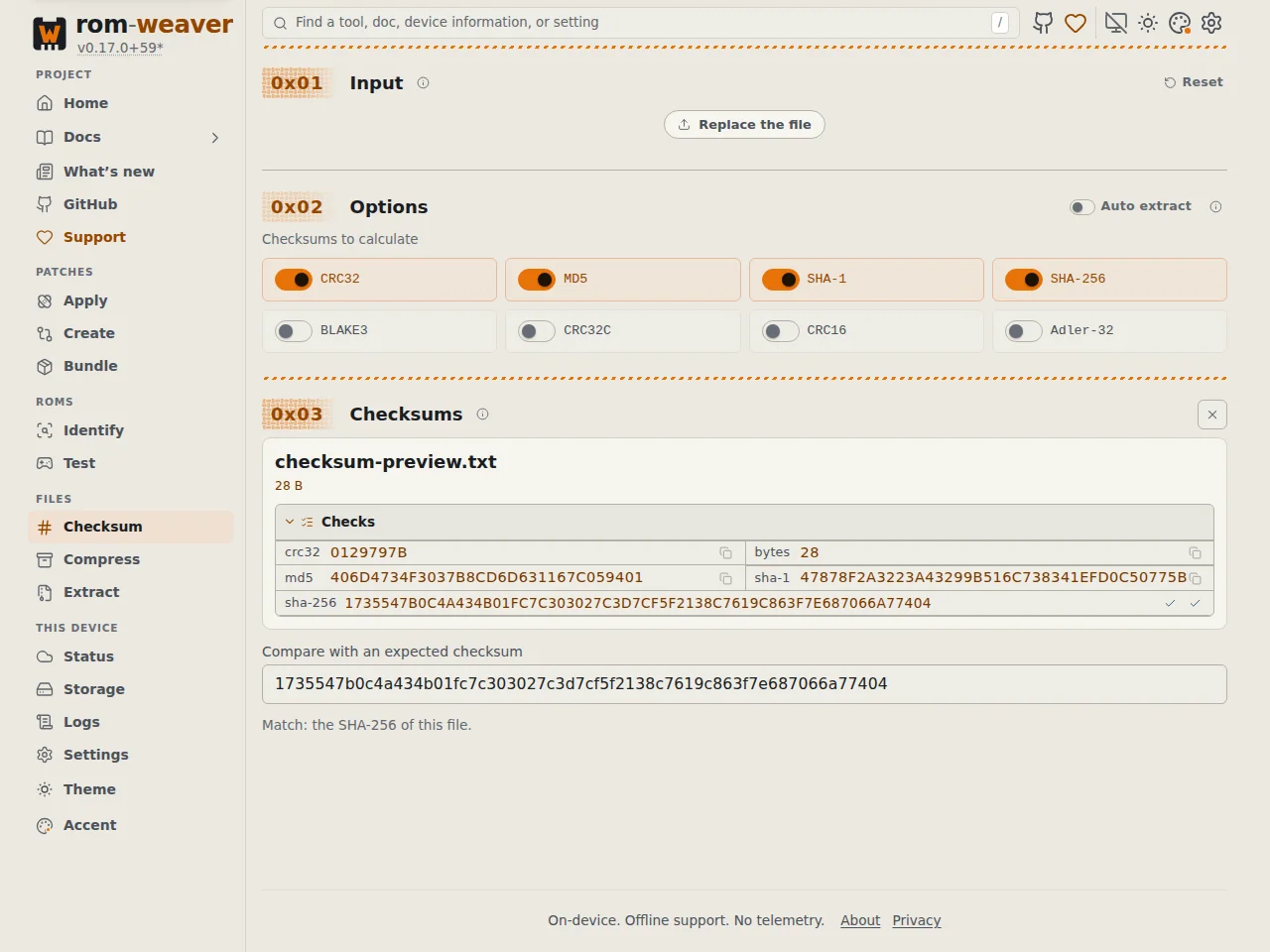 File checksum choices, Auto extract, and a matching SHA-256