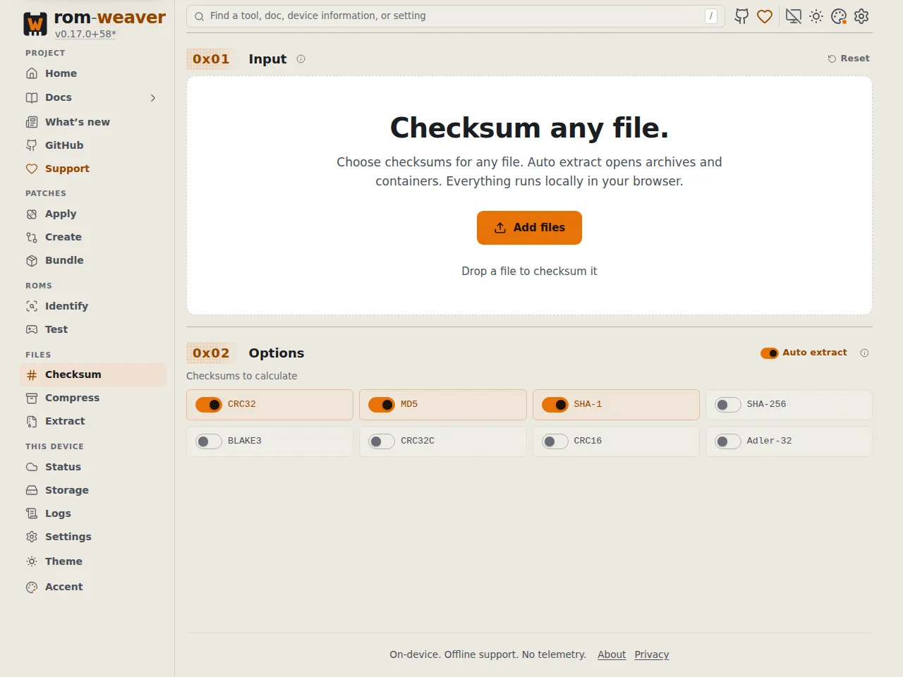 The checksum page shows 0x01 Input and 0x02 Options, with algorithm choices and Auto extract checked
