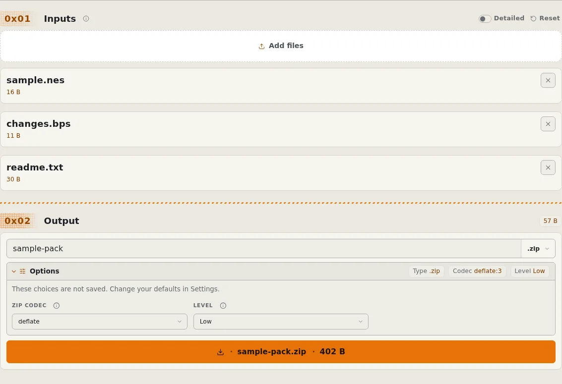 Compress with input files, output filename, format, codec, level, and download button