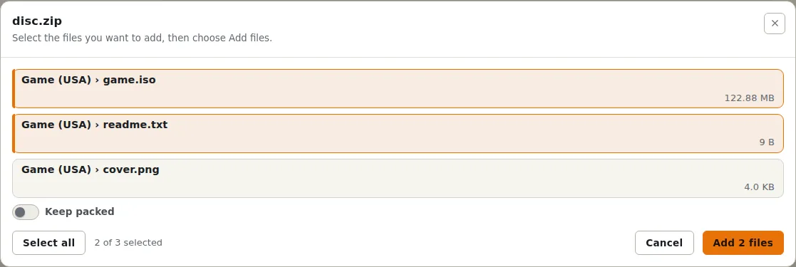 File picker for an archive with three entries, two selected, a Keep packed switch, and an Add 2 files button