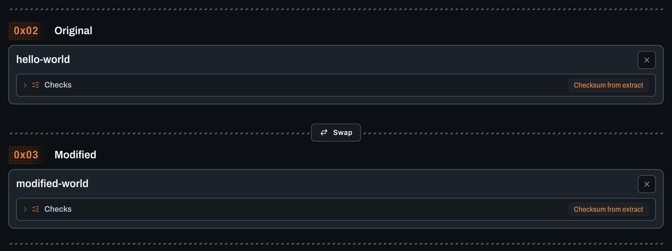 Cropped Create workflow showing the Original and Modified homebrew sample cards in the dark theme