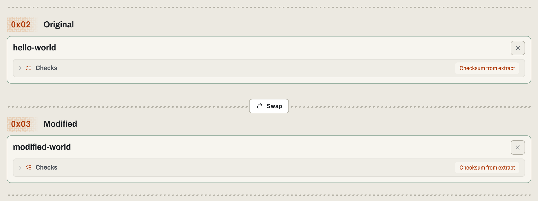 Cropped Create workflow showing the Original and Modified homebrew sample cards in the light theme