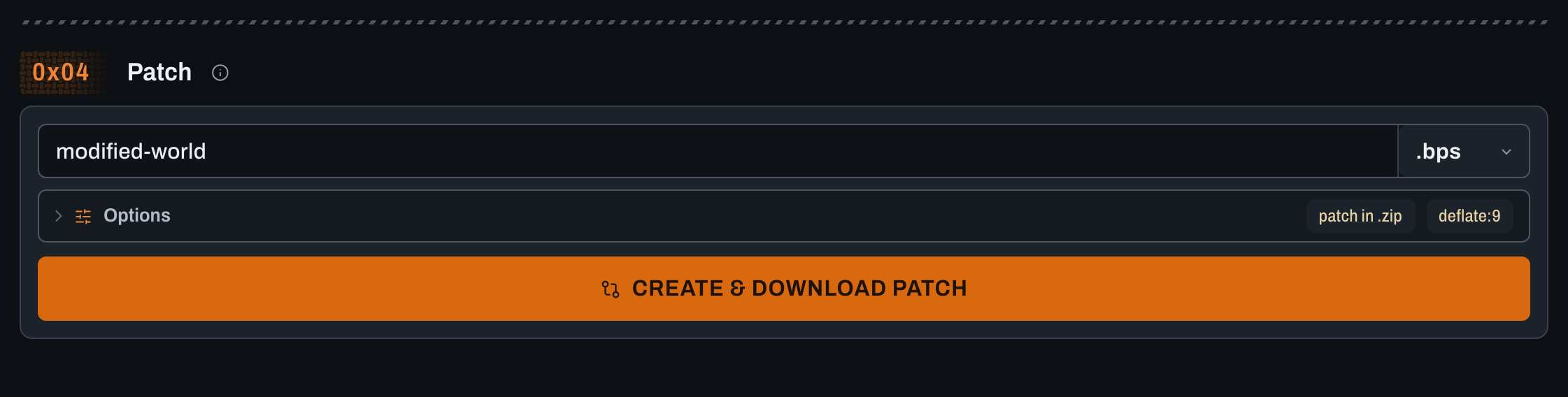 Cropped Create output card with patch name, BPS format, options, and CREATE AND DOWNLOAD PATCH button in the dark theme