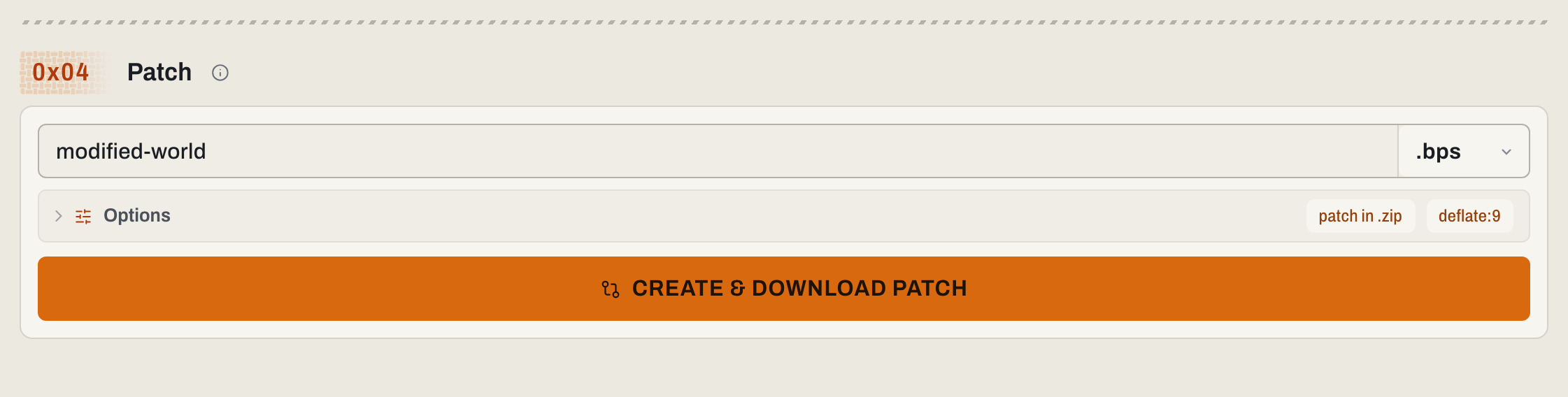 Cropped Create output card with patch name, BPS format, options, and CREATE AND DOWNLOAD PATCH button in the light theme