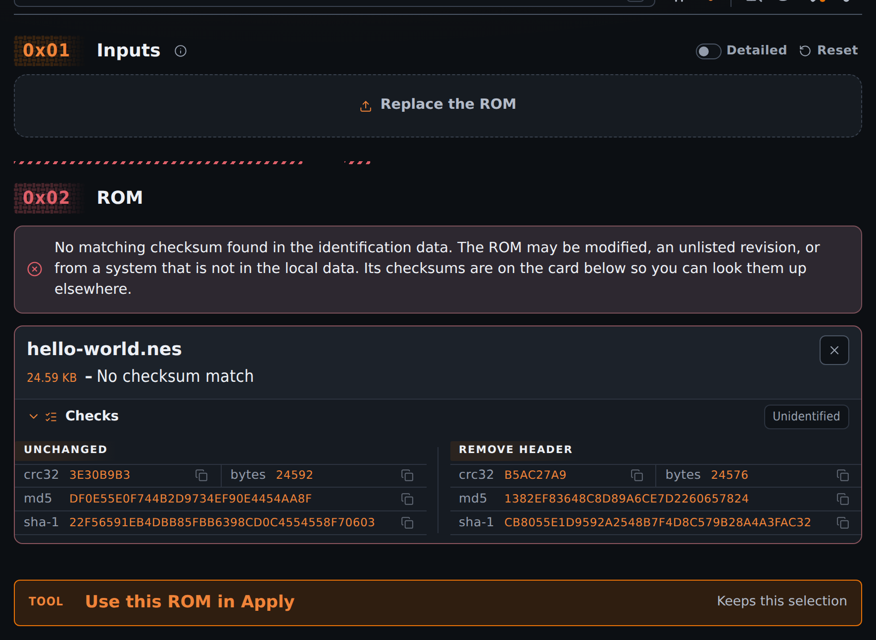 Identify result for the homebrew sample with no database match and visible checksum rows in the dark theme