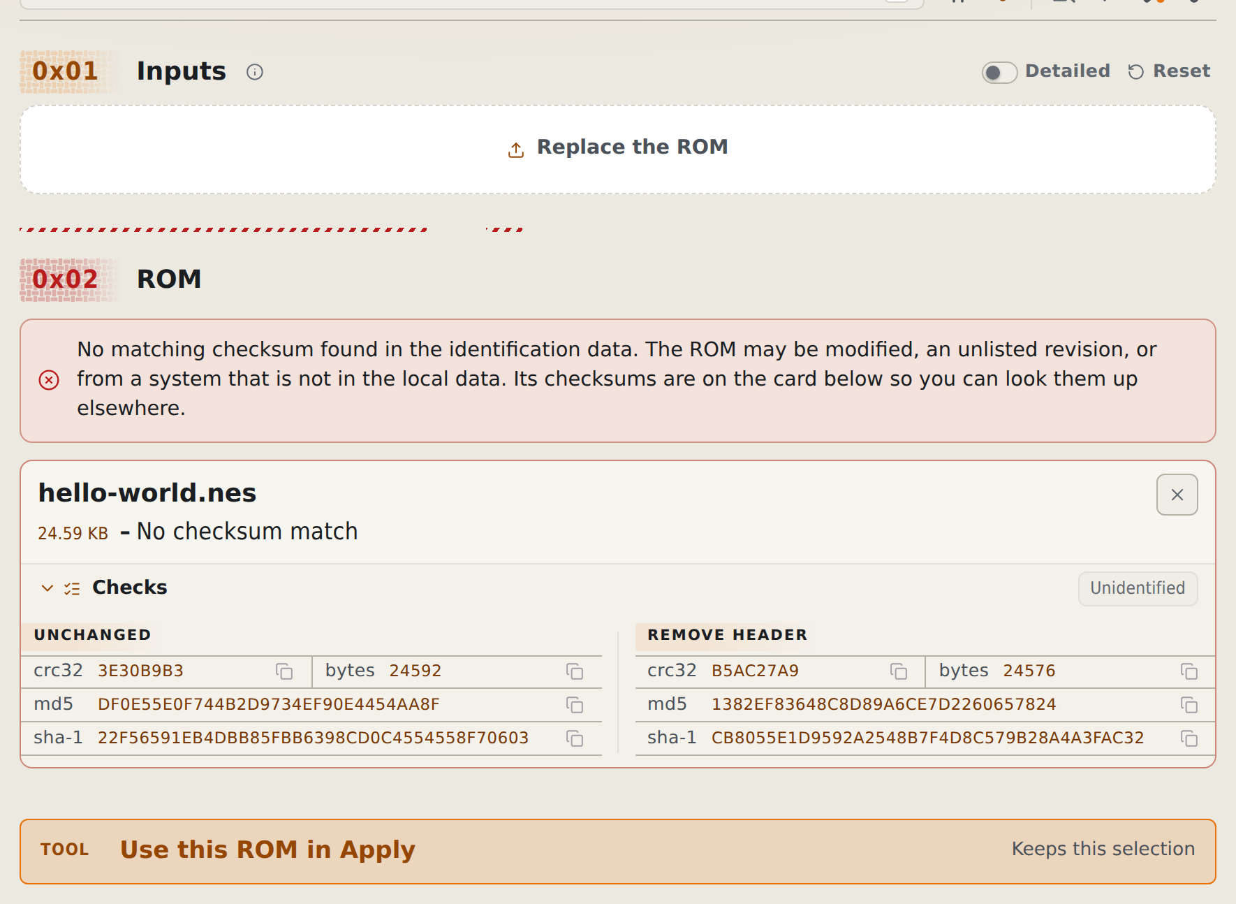Identify result for the homebrew sample with no database match and visible checksum rows in the light theme