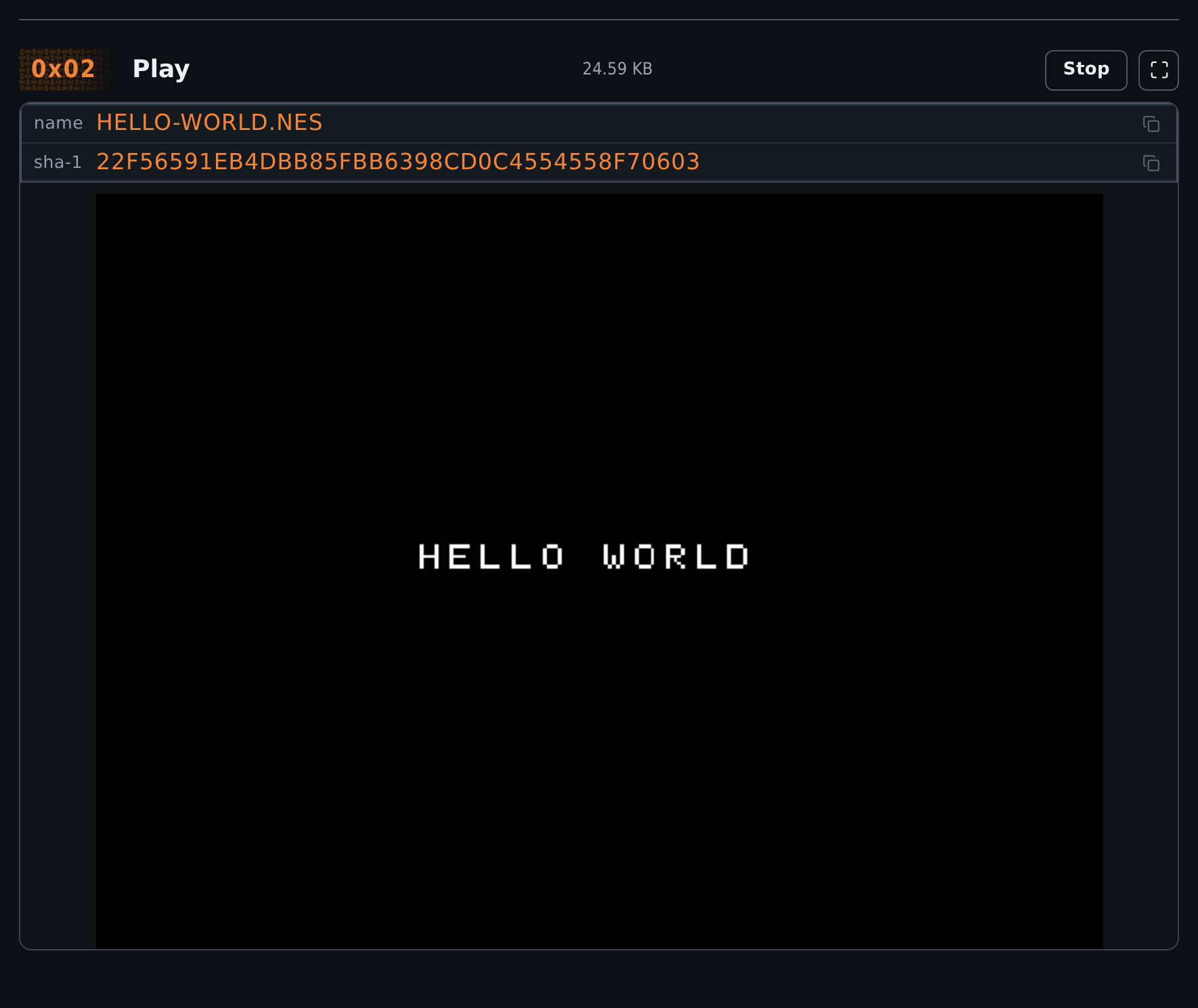 Test player showing the HELLO WORLD homebrew ROM and its SHA-1 fingerprint in the dark theme