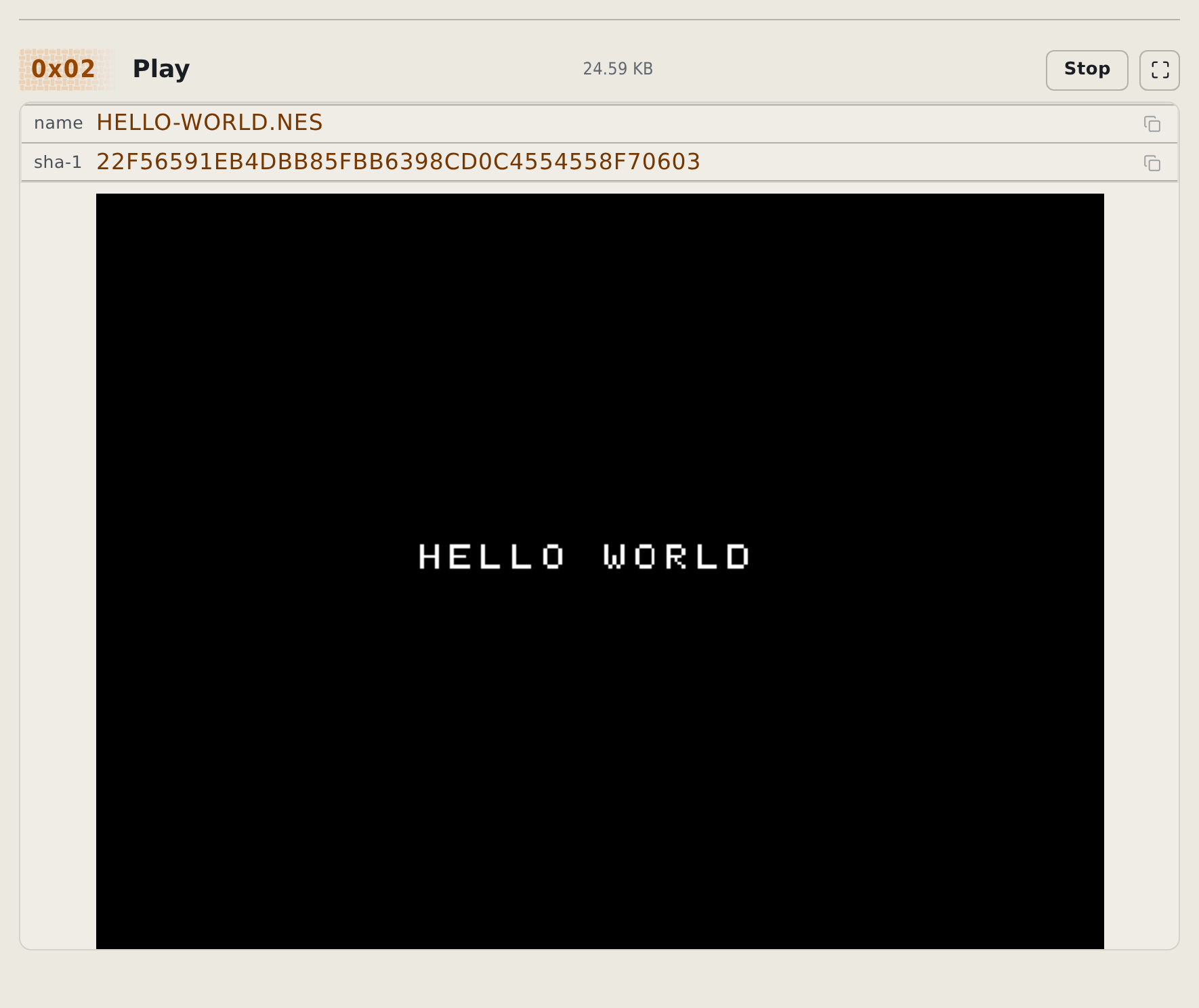 Test player showing the HELLO WORLD homebrew ROM and its SHA-1 fingerprint in the light theme